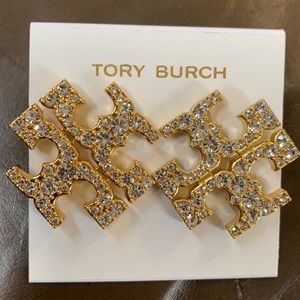 TORY BURCH LOGO MILLER LARGE GOLD EARRINGS WITH CRYSTALS RHINESTONES BEAUTIFUL